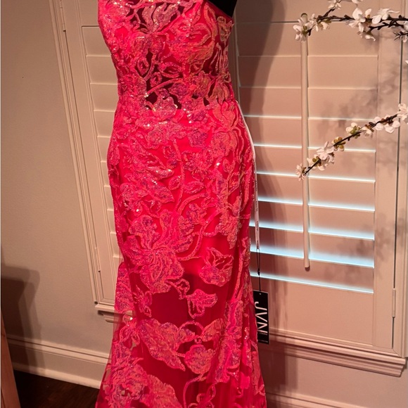 JVN by Jovani Hot Pink Floral One Shoulder Dress size 8 prom dress - Picture 5 of 11
